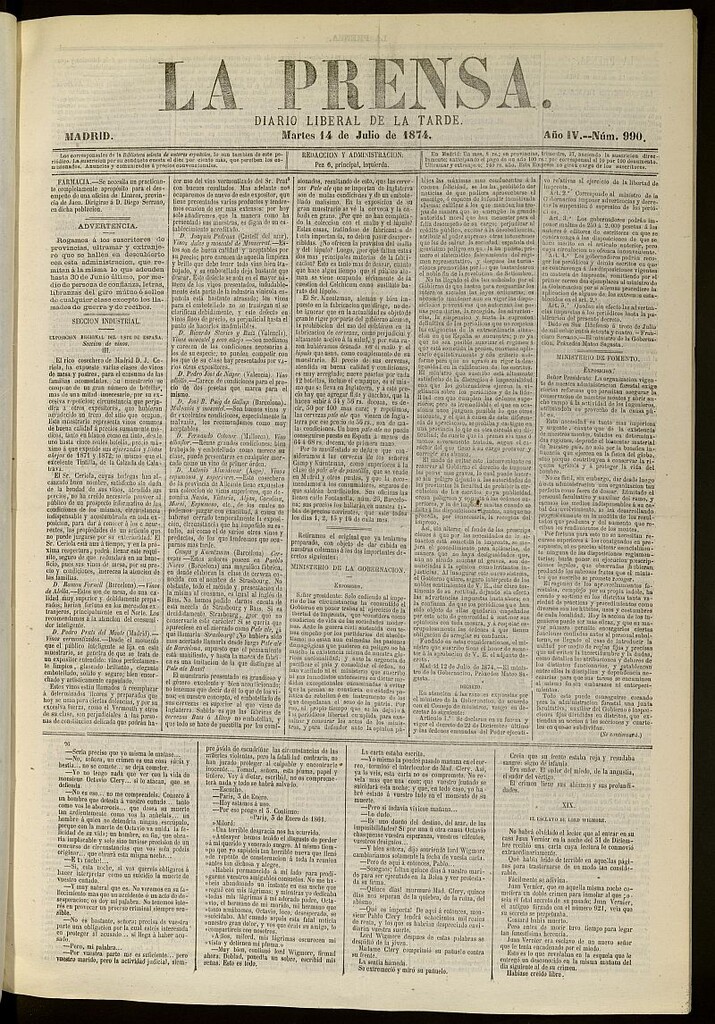 Miniatura de La Prensa : diario de la mañana : político, literario y de noticias del 14 de julio de 1874, nº 990