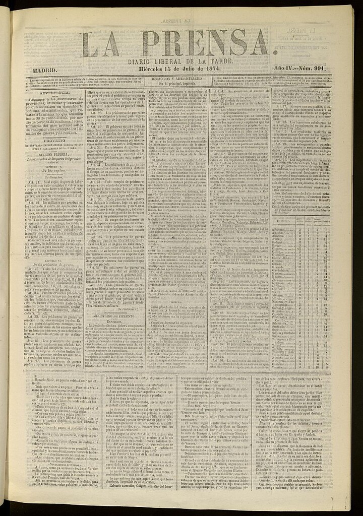 Miniatura de La Prensa : diario de la mañana : político, literario y de noticias del 15 de julio de 1874, nº 991