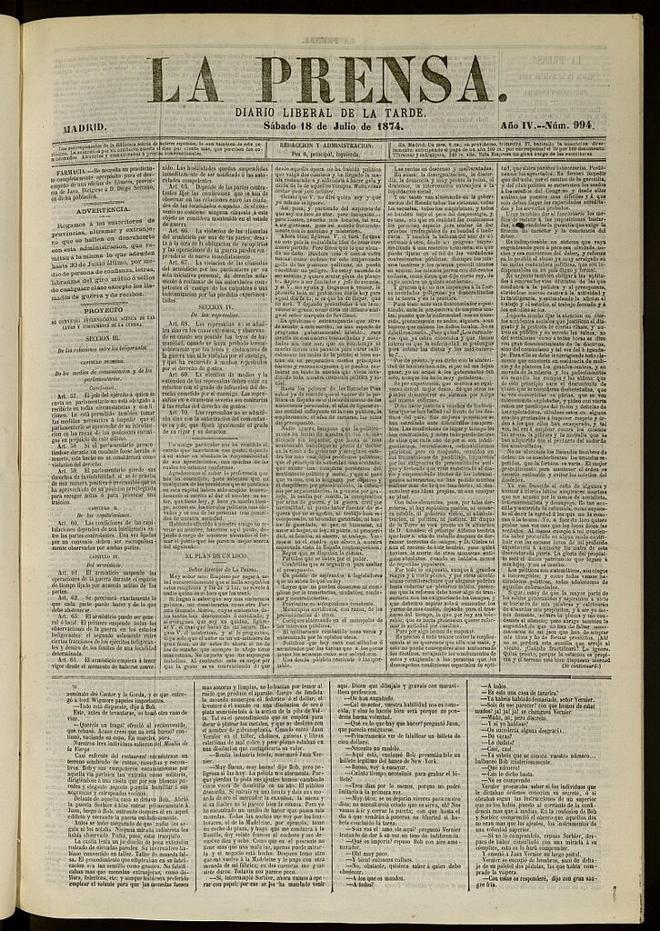 Miniatura de La Prensa : diario de la mañana : político, literario y de noticias del 18 de julio de 1874, nº 994