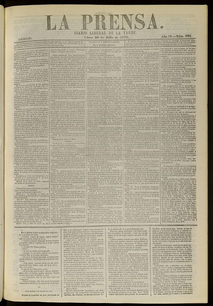 Miniatura de La Prensa : diario de la mañana : político, literario y de noticias del 20 de julio de 1874, nº 995