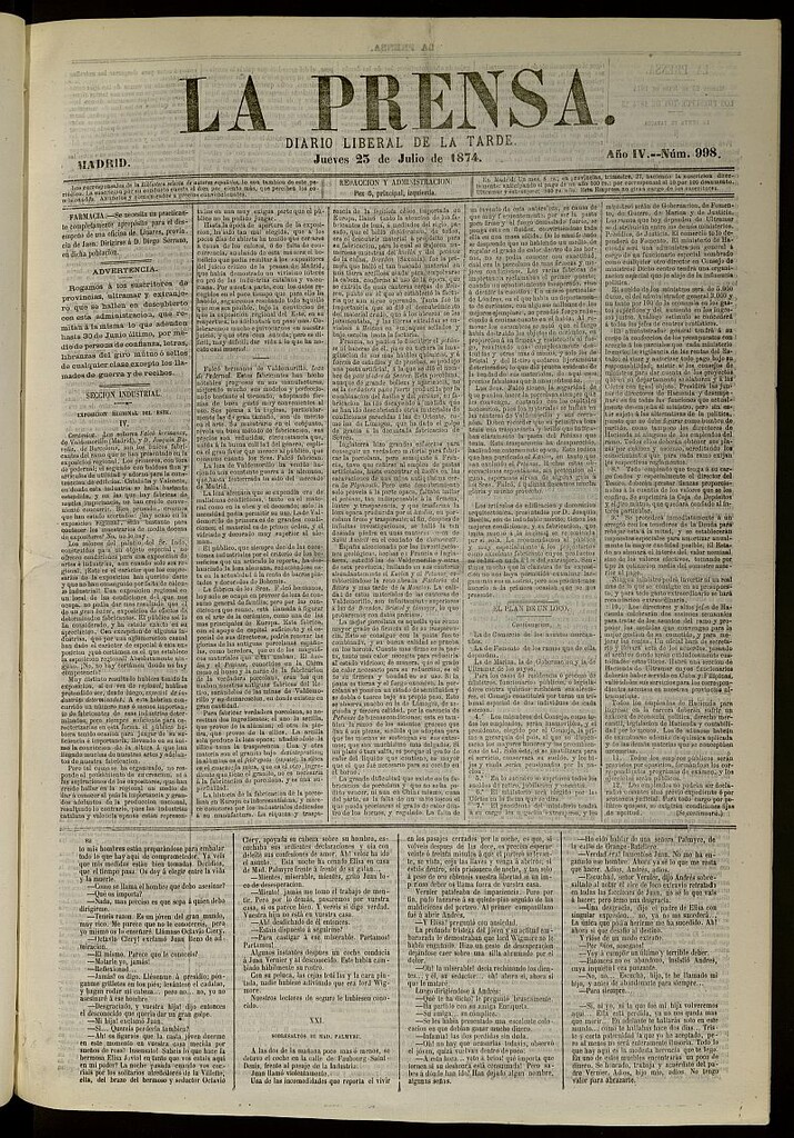 Miniatura de La Prensa : diario de la mañana : político, literario y de noticias del 23 de julio de 1874, nº 998