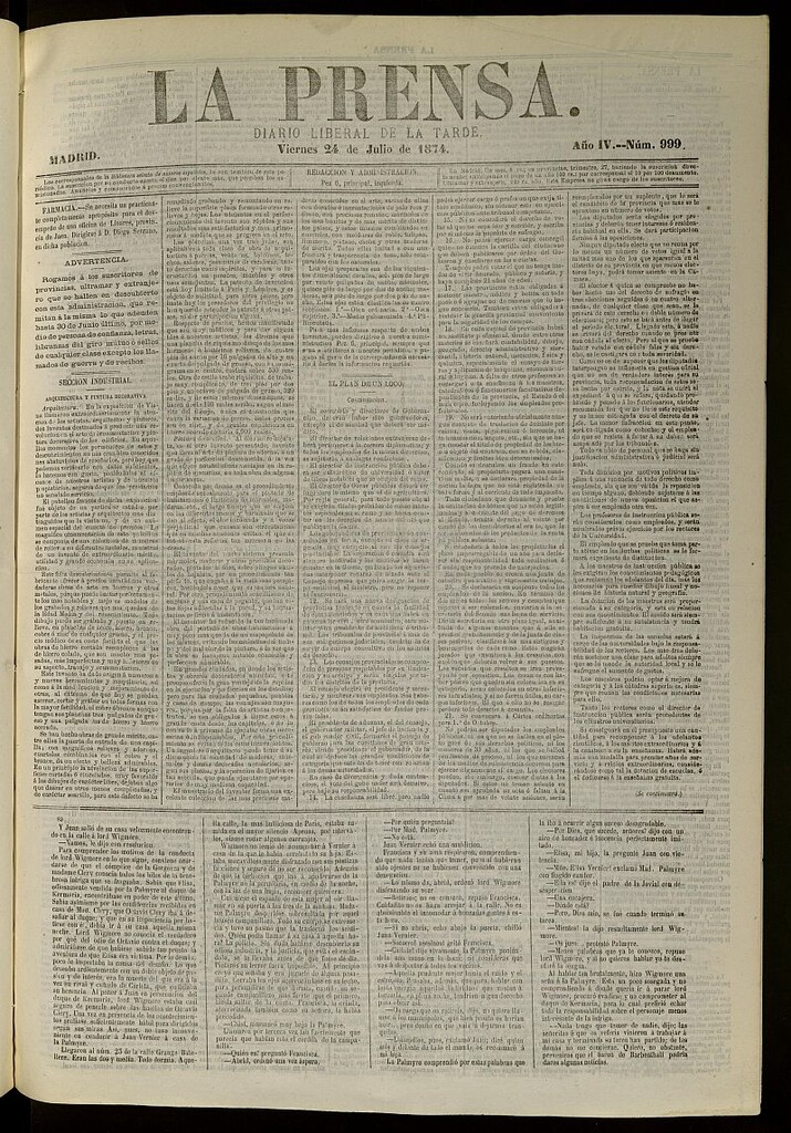 Miniatura de La Prensa : diario de la mañana : político, literario y de noticias del 24 de julio de 1874, nº 999