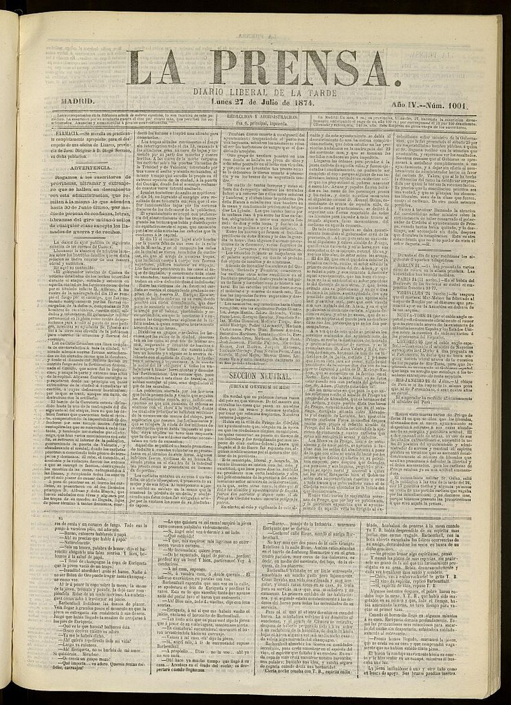 Miniatura de La Prensa : diario de la mañana : político, literario y de noticias del 27 de julio de 1874, nº 1001