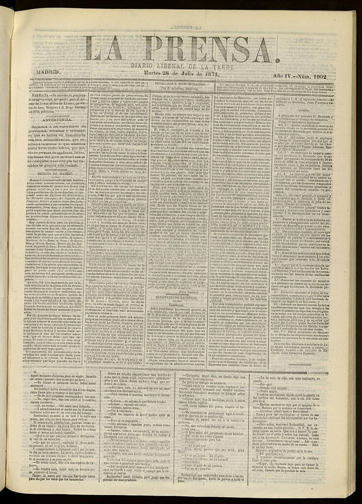 Miniatura de La Prensa : diario de la mañana : político, literario y de noticias del 28 de julio de 1874, nº 1002