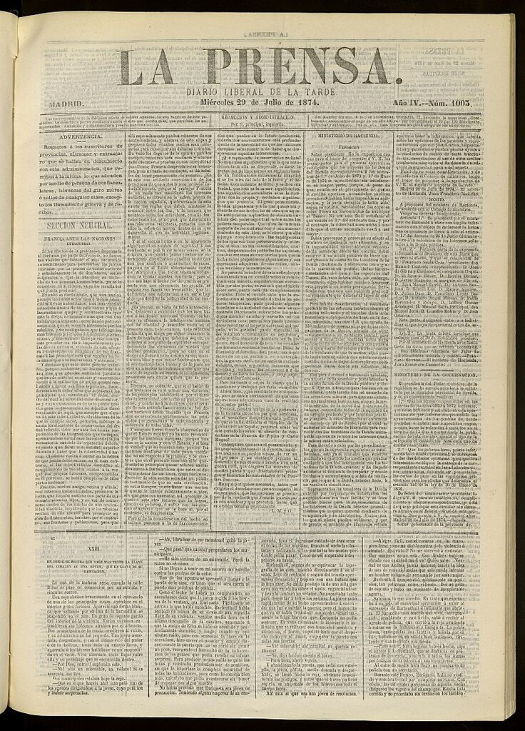 Miniatura de La Prensa : diario de la mañana : político, literario y de noticias del 29 de julio de 1874, nº 1003
