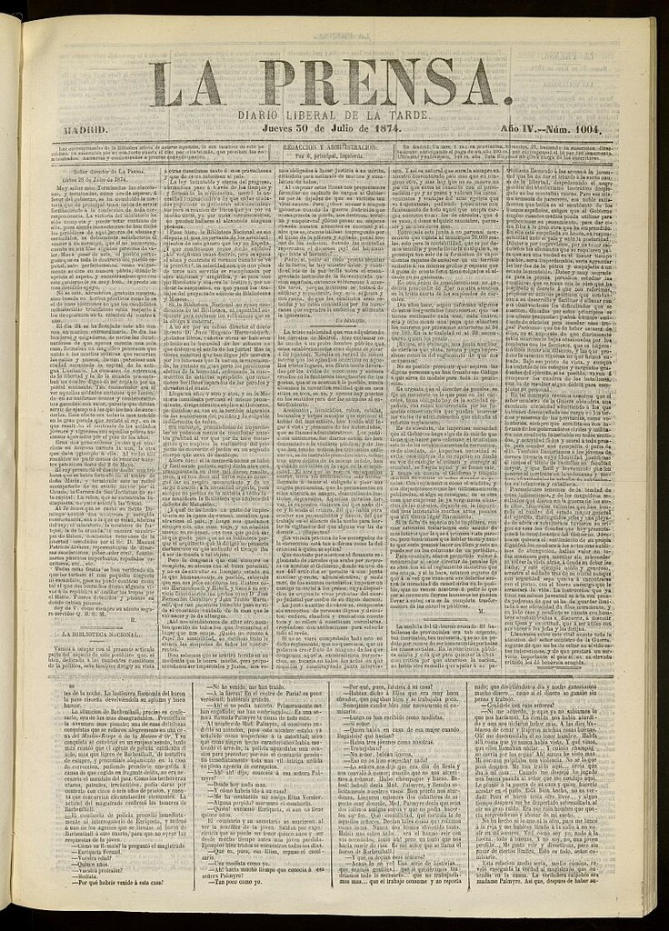 Miniatura de La Prensa : diario de la mañana : político, literario y de noticias del 30 de julio de 1874, nº 1004