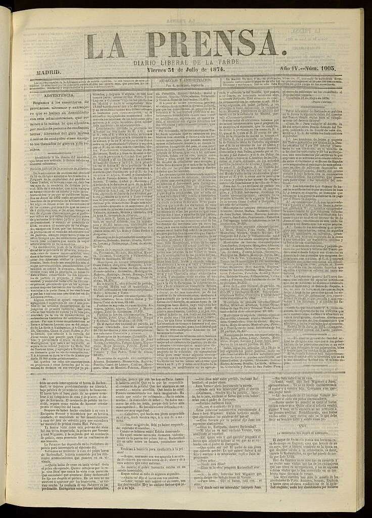 Miniatura de La Prensa : diario de la mañana : político, literario y de noticias del 31 de julio de 1874, nº 1005