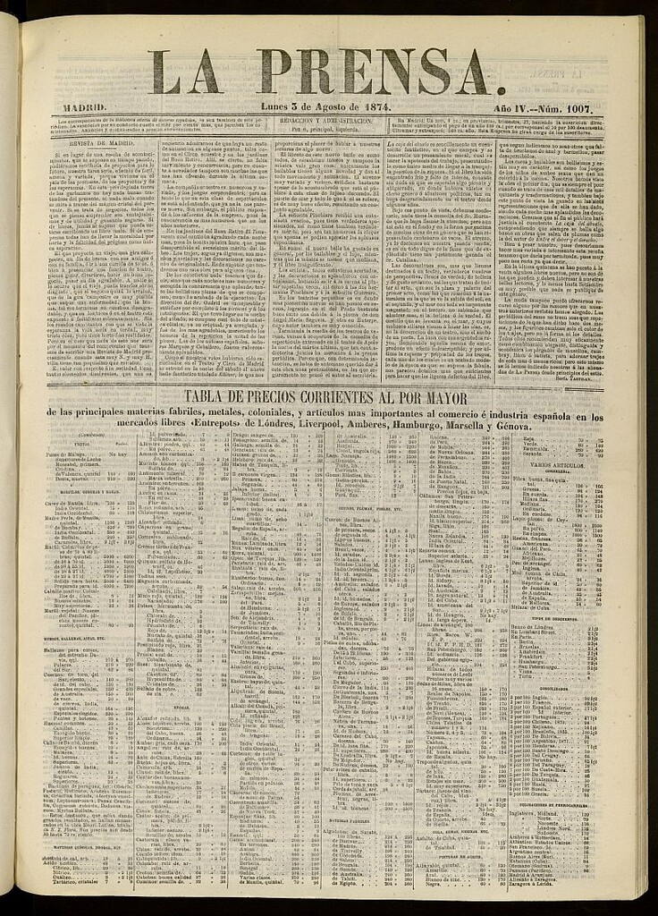 Miniatura de La Prensa : diario de la mañana : político, literario y de noticias del 3 de agosto de 1874, nº 1007