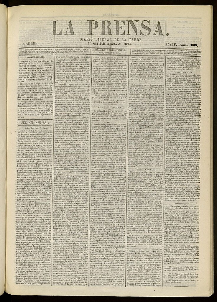 Miniatura de La Prensa : diario de la mañana : político, literario y de noticias del 4 de agosto de 1874, nº 1008