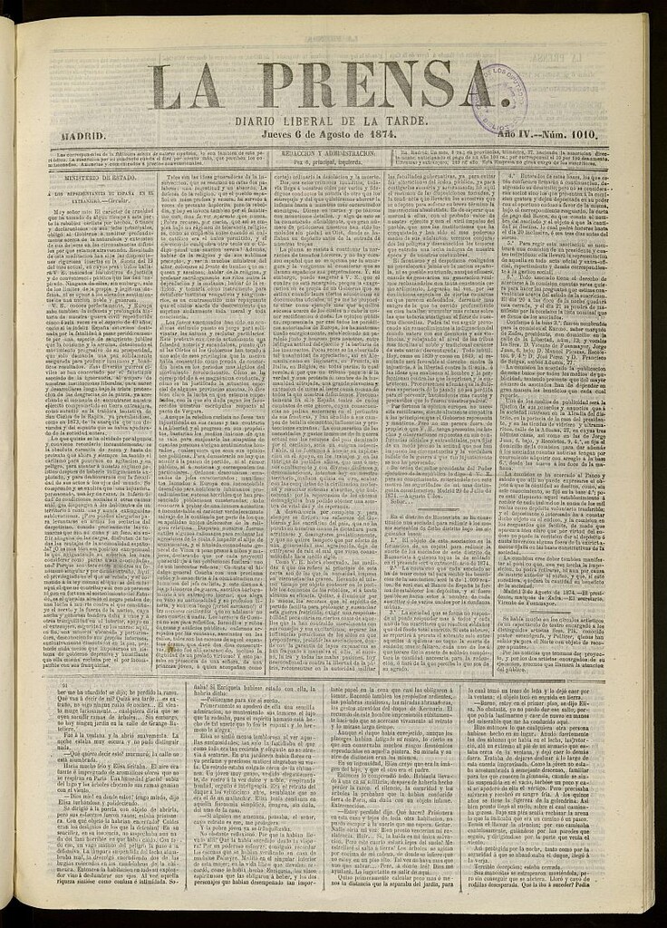 Miniatura de La Prensa : diario de la mañana : político, literario y de noticias del 6 de agosto de 1874, nº 1010