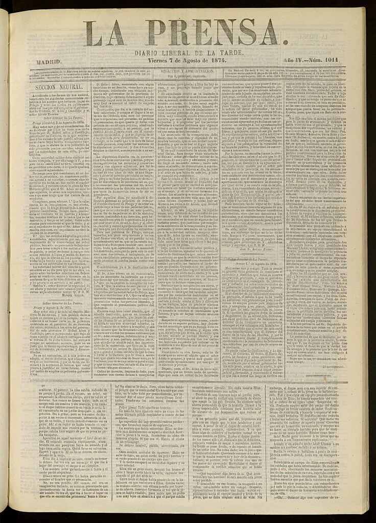 Miniatura de La Prensa : diario de la mañana : político, literario y de noticias del 7 de agosto de 1874, nº 1011