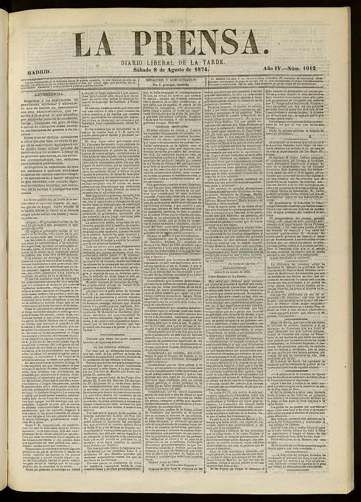 Miniatura de La Prensa : diario de la mañana : político, literario y de noticias del 8 de agosto de 1874, nº 1012