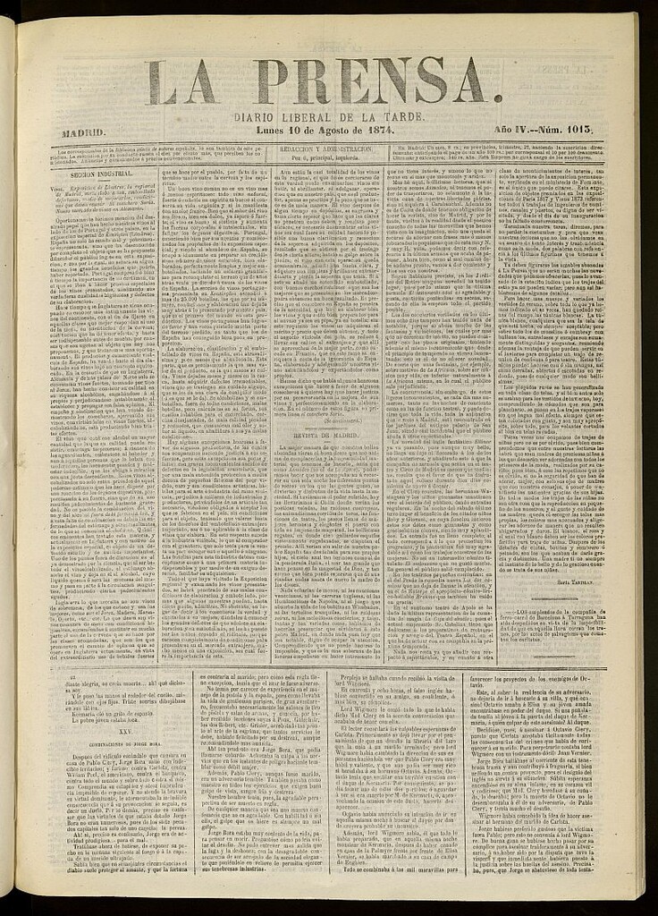 Miniatura de La Prensa : diario de la mañana : político, literario y de noticias del 10 de agosto de 1874, nº 1013