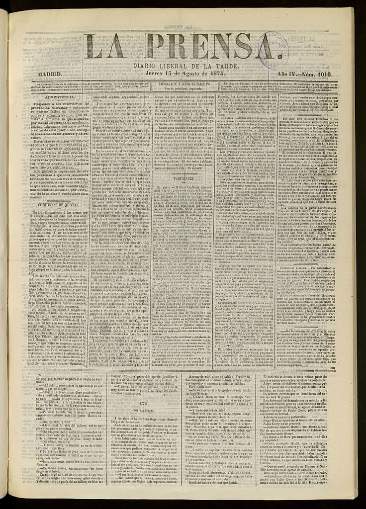 Miniatura de La Prensa : diario de la mañana : político, literario y de noticias del 13 de agosto de 1874, nº 1016