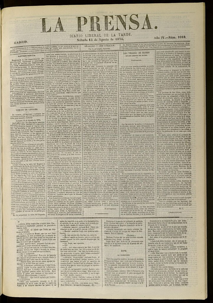 Miniatura de La Prensa : diario de la mañana : político, literario y de noticias del 15 de agosto de 1874, nº 1018