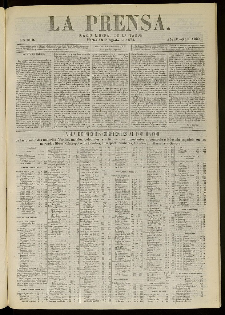 Miniatura de La Prensa : diario de la mañana : político, literario y de noticias del 18 de agosto de 1874, nº 1020