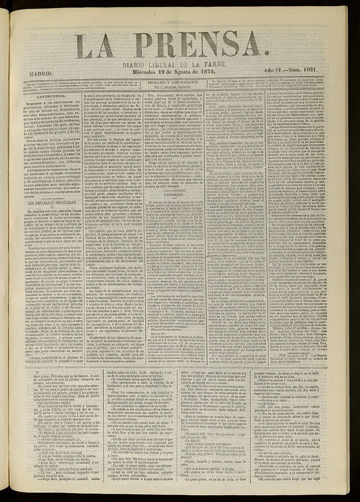 Miniatura de La Prensa : diario de la mañana : político, literario y de noticias del 19 de agosto de 1874, nº 1021