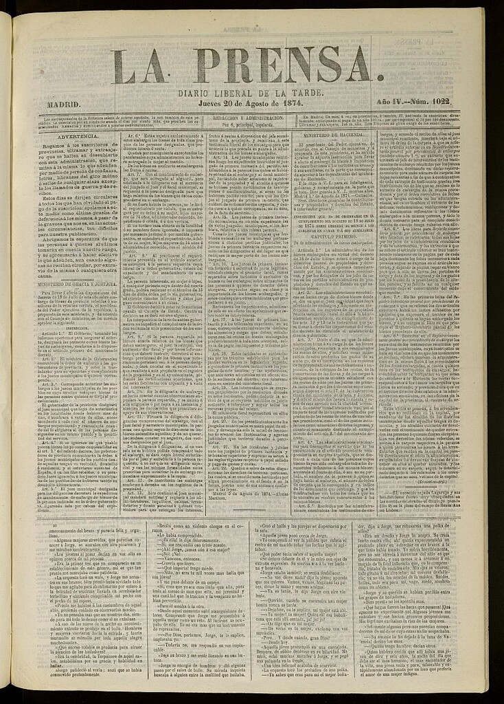 Miniatura de La Prensa : diario de la mañana : político, literario y de noticias del 20 de agosto de 1874, nº 1022