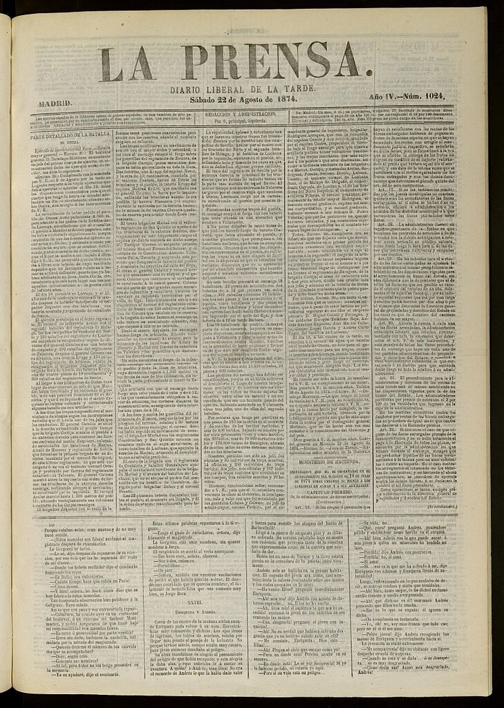 Miniatura de La Prensa : diario de la mañana : político, literario y de noticias del 22 de agosto de 1874, nº 1024