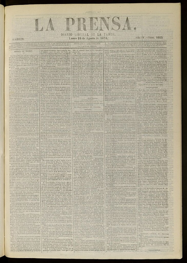 Miniatura de La Prensa : diario de la mañana : político, literario y de noticias del 24 de agosto de 1874, nº 1025