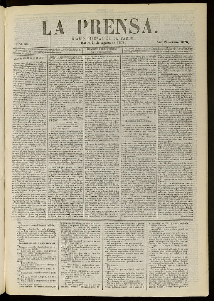 Miniatura de La Prensa : diario de la mañana : político, literario y de noticias del 25 de agosto de 1874, nº 1026