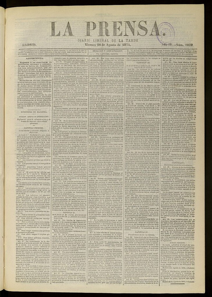 Miniatura de La Prensa : diario de la mañana : político, literario y de noticias del 28 de agosto de 1874, nº 1029