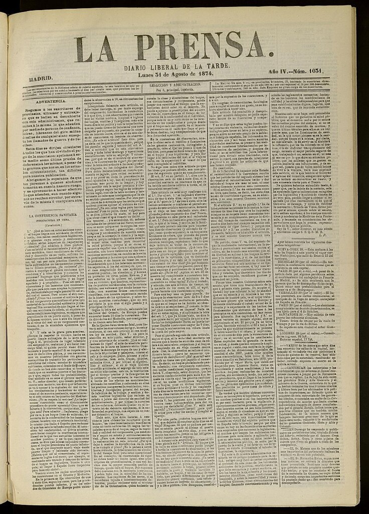 Miniatura de La Prensa : diario de la mañana : político, literario y de noticias del 31 de agosto de 1874, nº 1031