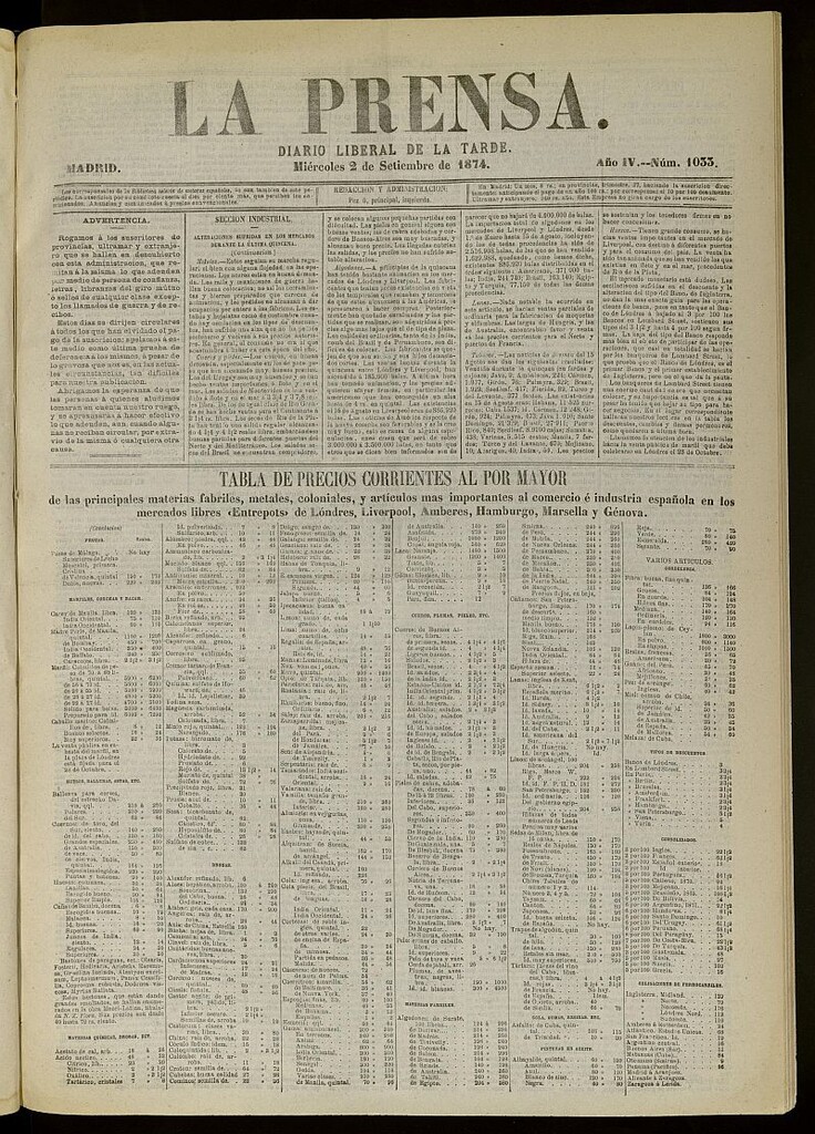 Miniatura de La Prensa : diario de la mañana : político, literario y de noticias del 2 de septiembre de 1874, nº 1033