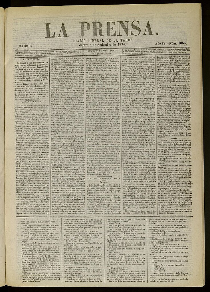 Miniatura de La Prensa : diario de la mañana : político, literario y de noticias del 3 de septiembre de 1874, nº 1034