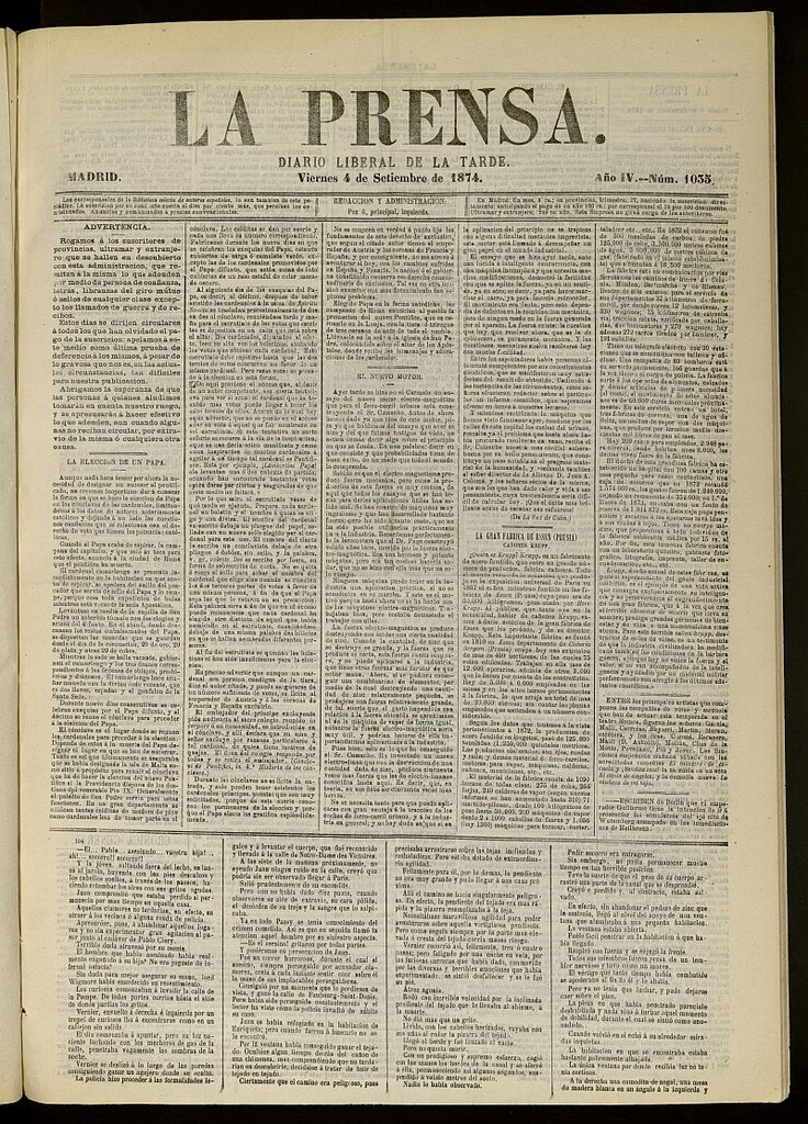 Miniatura de La Prensa : diario de la mañana : político, literario y de noticias del 4 de septiembre de 1874, nº 1035