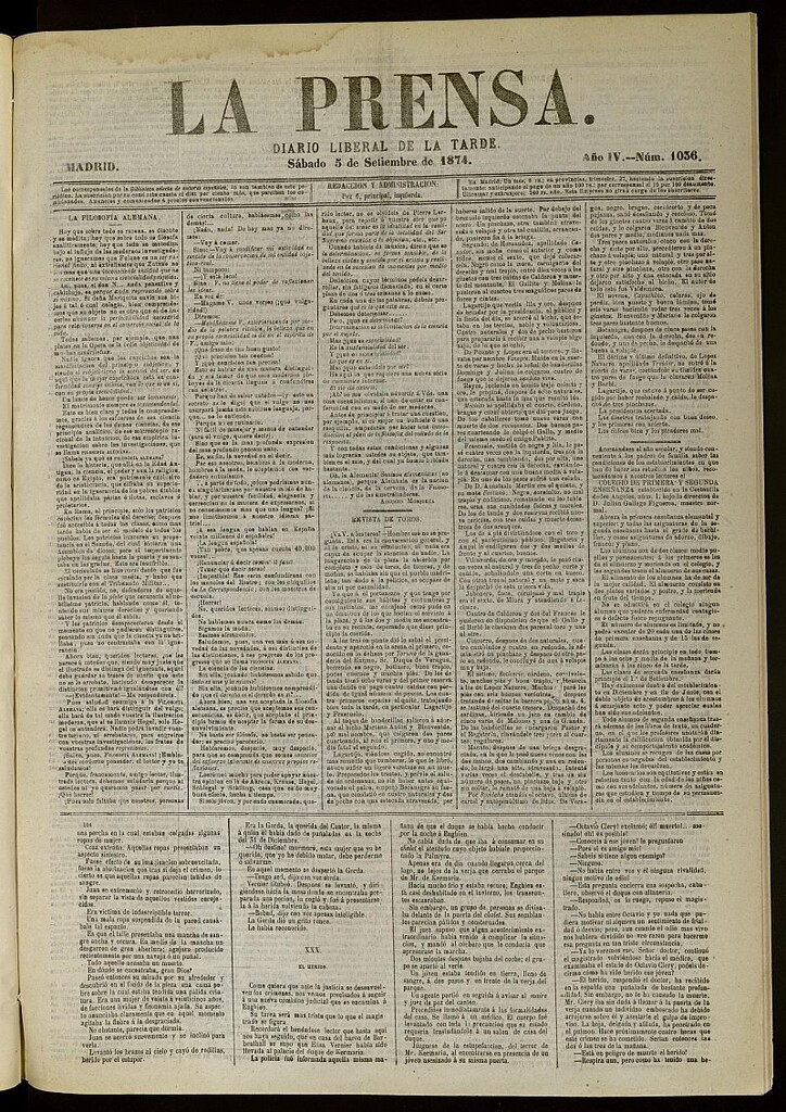 Miniatura de La Prensa : diario de la mañana : político, literario y de noticias del 5 de septiembre de 1874, nº 1036
