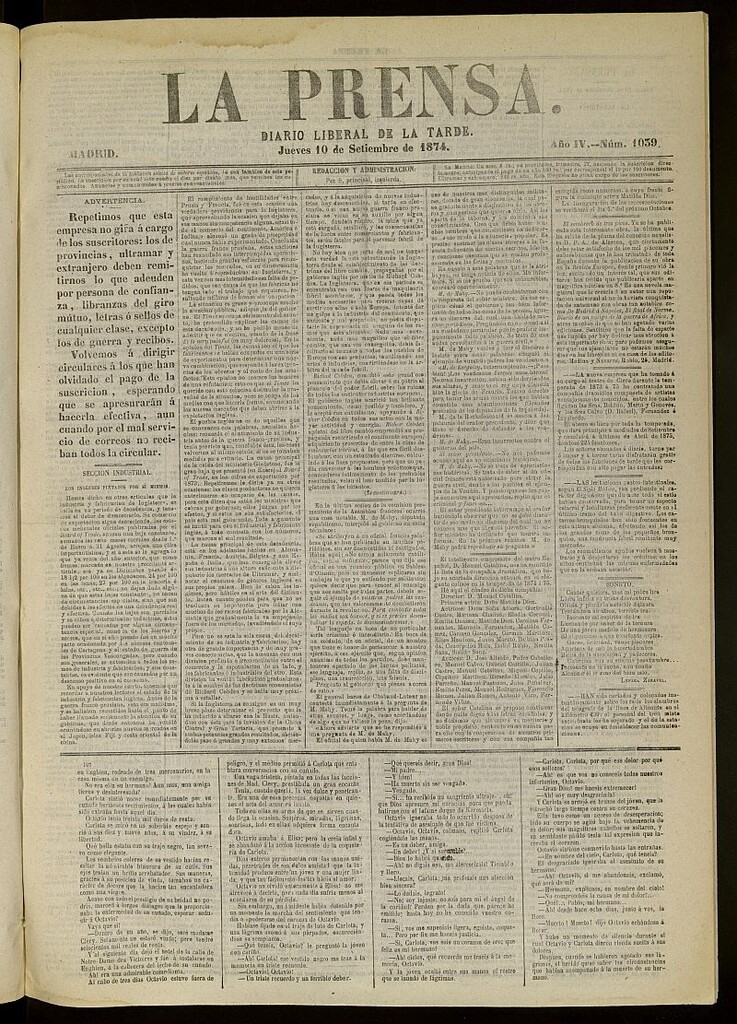 Miniatura de La Prensa : diario de la mañana : político, literario y de noticias del 10 de septiembre de 1874, nº 1039