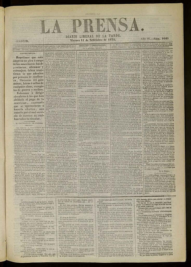 Miniatura de La Prensa : diario de la mañana : político, literario y de noticias del 11 de septiembre de 1874, nº 1040