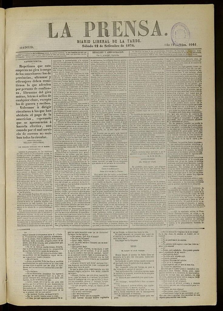 Miniatura de La Prensa : diario de la mañana : político, literario y de noticias del 12 de septiembre de 1874, nº 1041