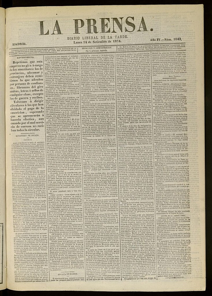 Miniatura de La Prensa : diario de la mañana : político, literario y de noticias del 14 de septiembre de 1874, nº 1042