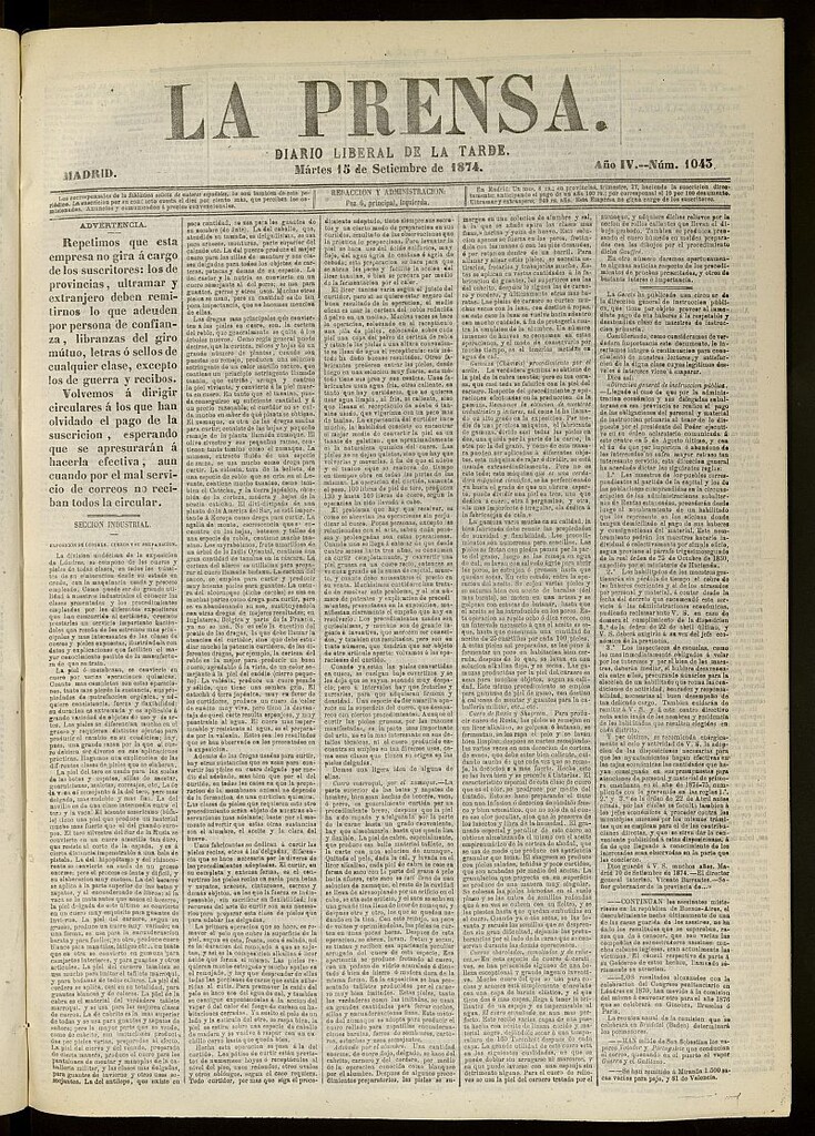 Miniatura de La Prensa : diario de la mañana : político, literario y de noticias del 15 de septiembre de 1874, nº 1043