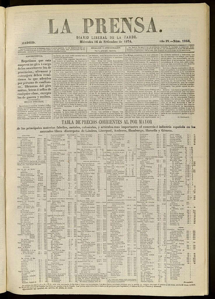 Miniatura de La Prensa : diario de la mañana : político, literario y de noticias del 16 de septiembre de 1874, nº 1044