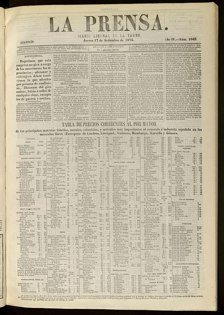 Miniatura de La Prensa : diario de la mañana : político, literario y de noticias del 17 de septiembre de 1874, nº 1045