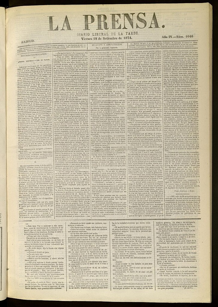 Miniatura de La Prensa : diario de la mañana : político, literario y de noticias del 18 de septiembre de 1874, nº 1046