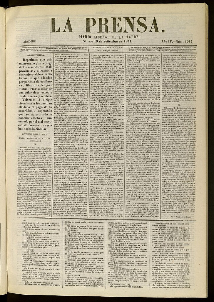 Miniatura de La Prensa : diario de la mañana : político, literario y de noticias del 19 de septiembre de 1874, nº 1047
