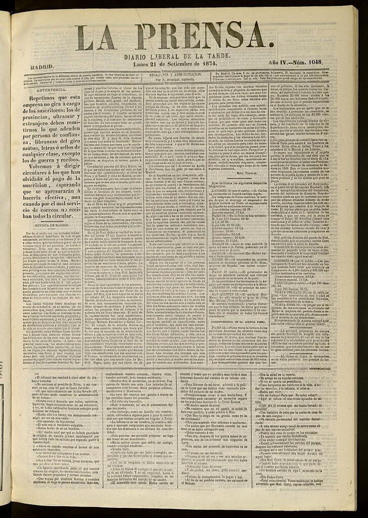 Miniatura de La Prensa : diario de la mañana : político, literario y de noticias del 21 de septiembre de 1874, nº 1048