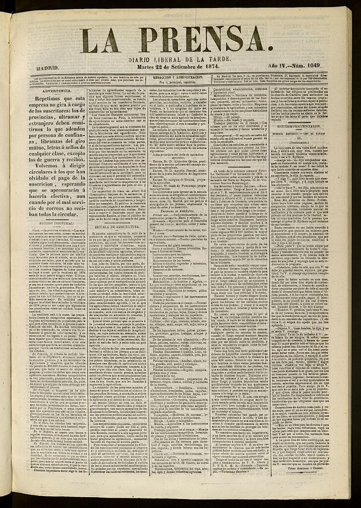 Miniatura de La Prensa : diario de la mañana : político, literario y de noticias del 22 de septiembre de 1874, nº 1049
