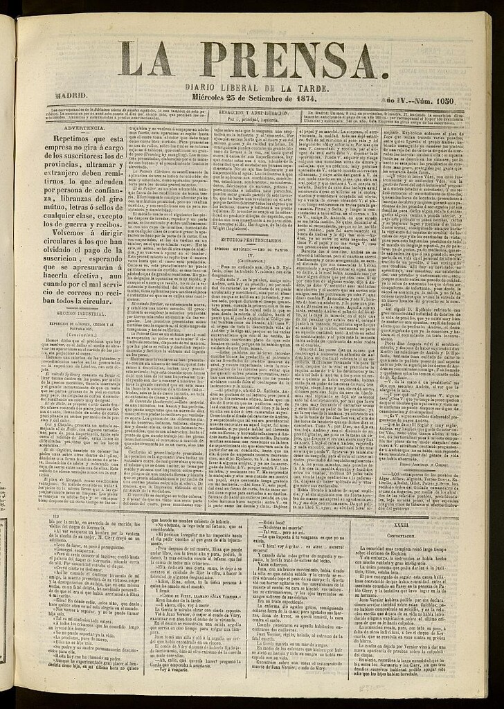 Miniatura de La Prensa : diario de la mañana : político, literario y de noticias del 23 de septiembre de 1874, nº 1050