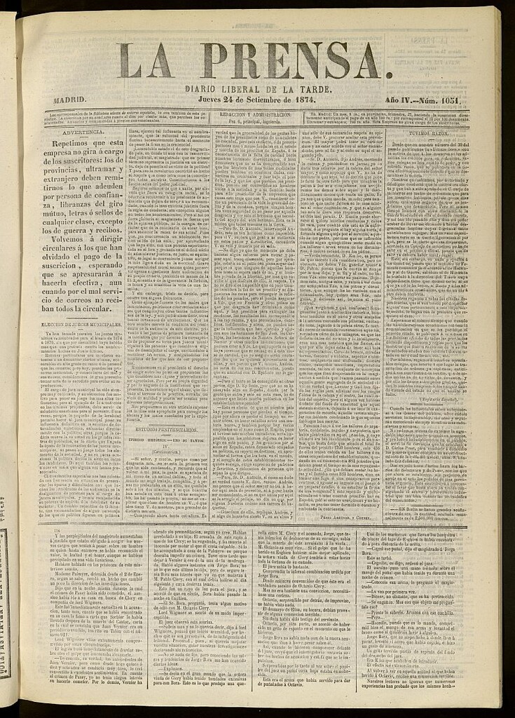 Miniatura de La Prensa : diario de la mañana : político, literario y de noticias del 24 de septiembre de 1874, nº 1051