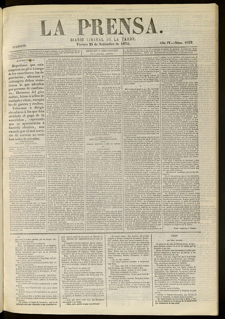 Miniatura de La Prensa : diario de la mañana : político, literario y de noticias del 25 de septiembre de 1874, nº 1052