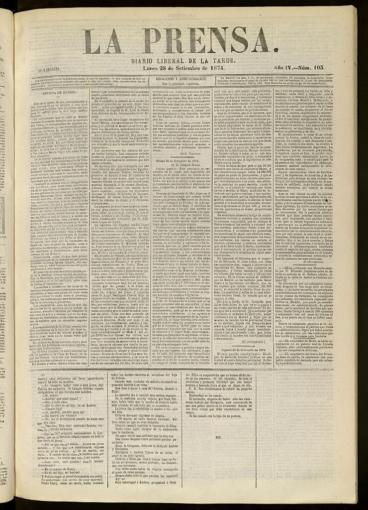 Miniatura de La Prensa : diario de la mañana : político, literario y de noticias del 28 de septiembre de 1874, nº 105 [sic]