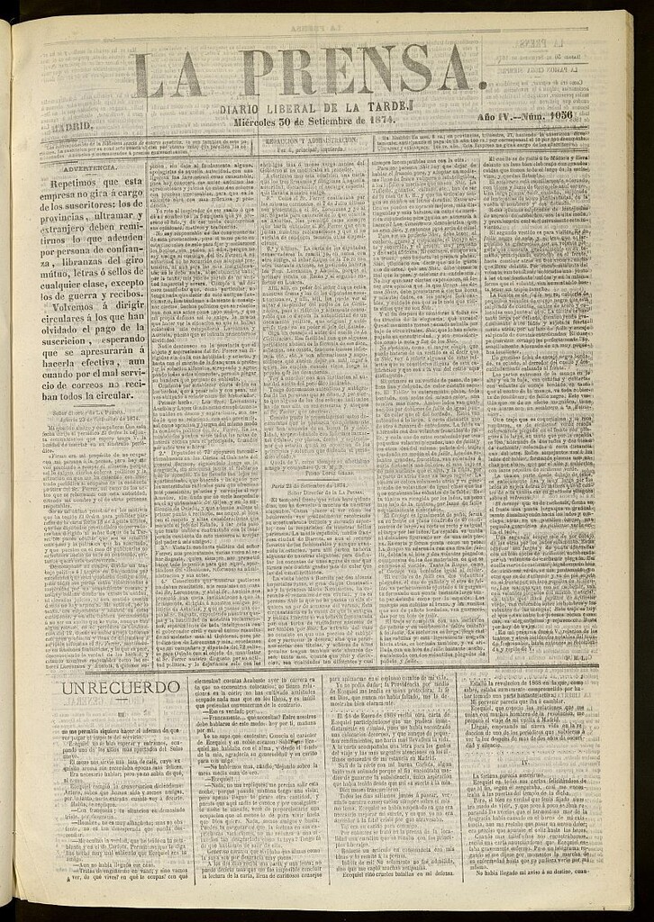 Miniatura de La Prensa : diario de la mañana : político, literario y de noticias del 30 de septiembre de 1874, nº 1056