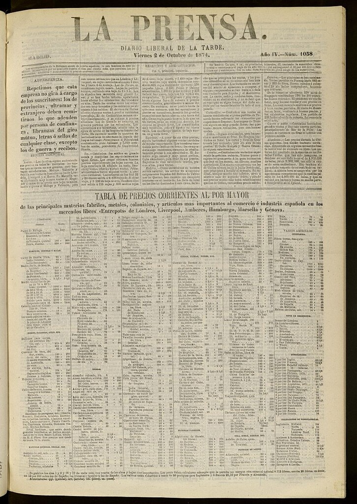 Miniatura de La Prensa : diario de la mañana : político, literario y de noticias del 2 de octubre de 1874, nº 1058