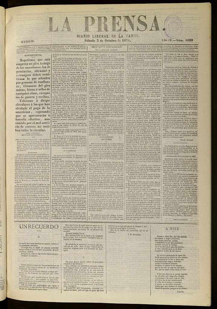 Miniatura de La Prensa : diario de la mañana : político, literario y de noticias del 3 de octubre de 1874, nº 1059