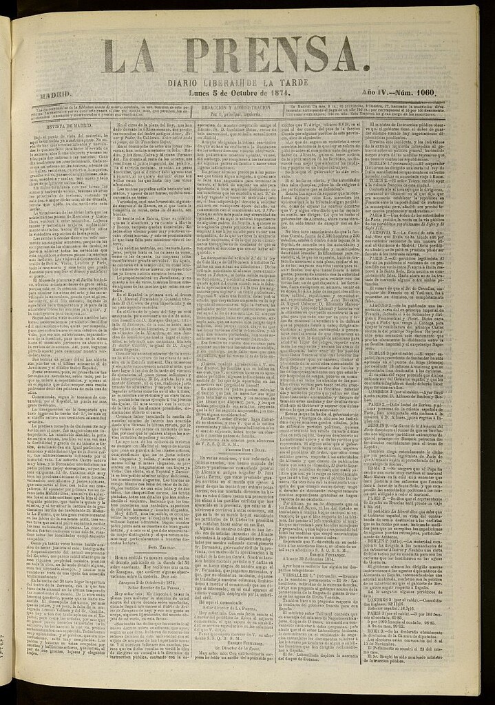 Miniatura de La Prensa : diario de la mañana : político, literario y de noticias del 5 de octubre de 1874, nº 1060